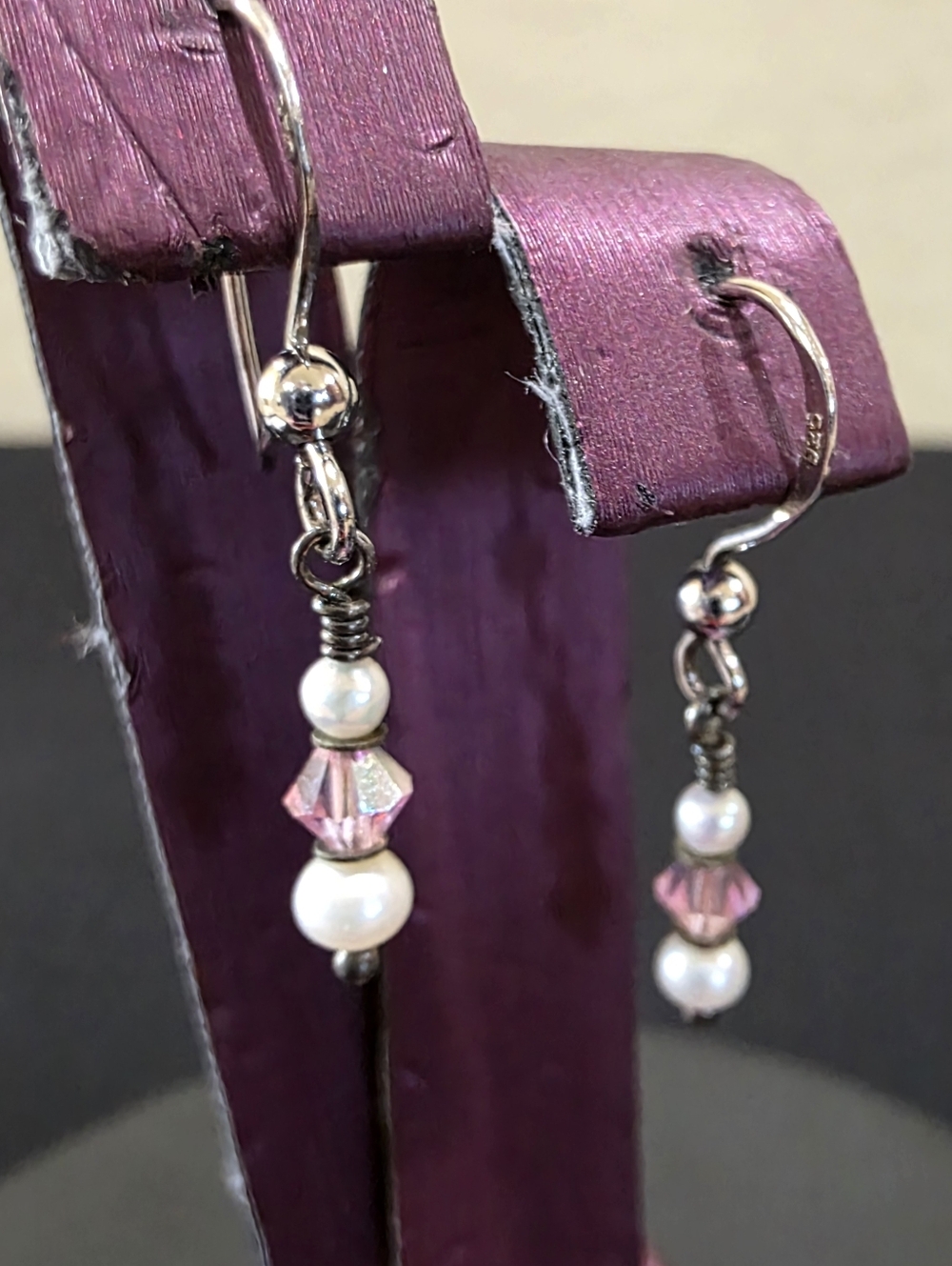 Sterling Silver Freshwater Pearl Faceted Pink Crystal Dangle Pierced Earrings
